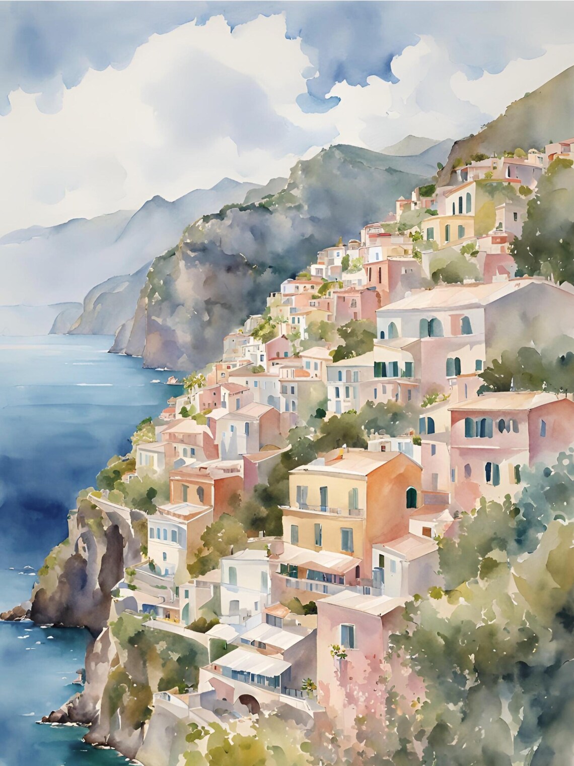 Positano Coast Italy Watercolor Travel Poster