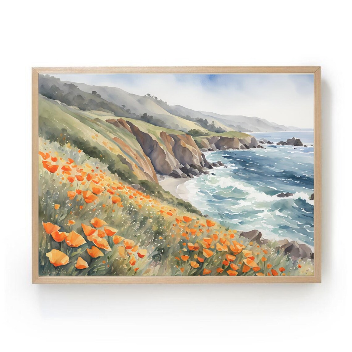 Big Sur Poppy Landscape Watercolor Art Print