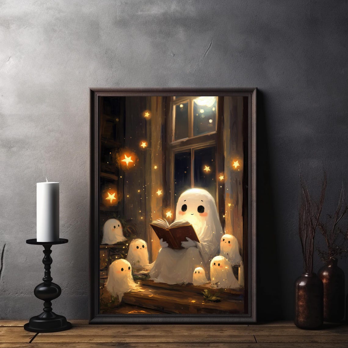 Cute Ghosts Reading a Book Together by the Window Halloween Poster - Image 8