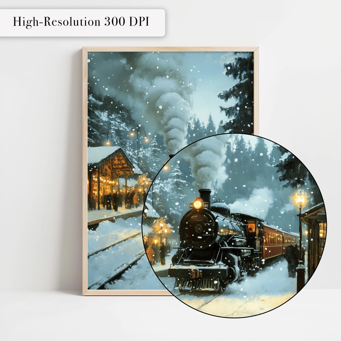Steam Train At Snowy Station Winter Night Vintage Art Poster - Image 4