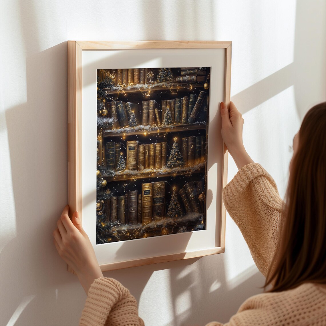 Christmas Bookshelf Art Print, Holiday Reading Nook - Image 7