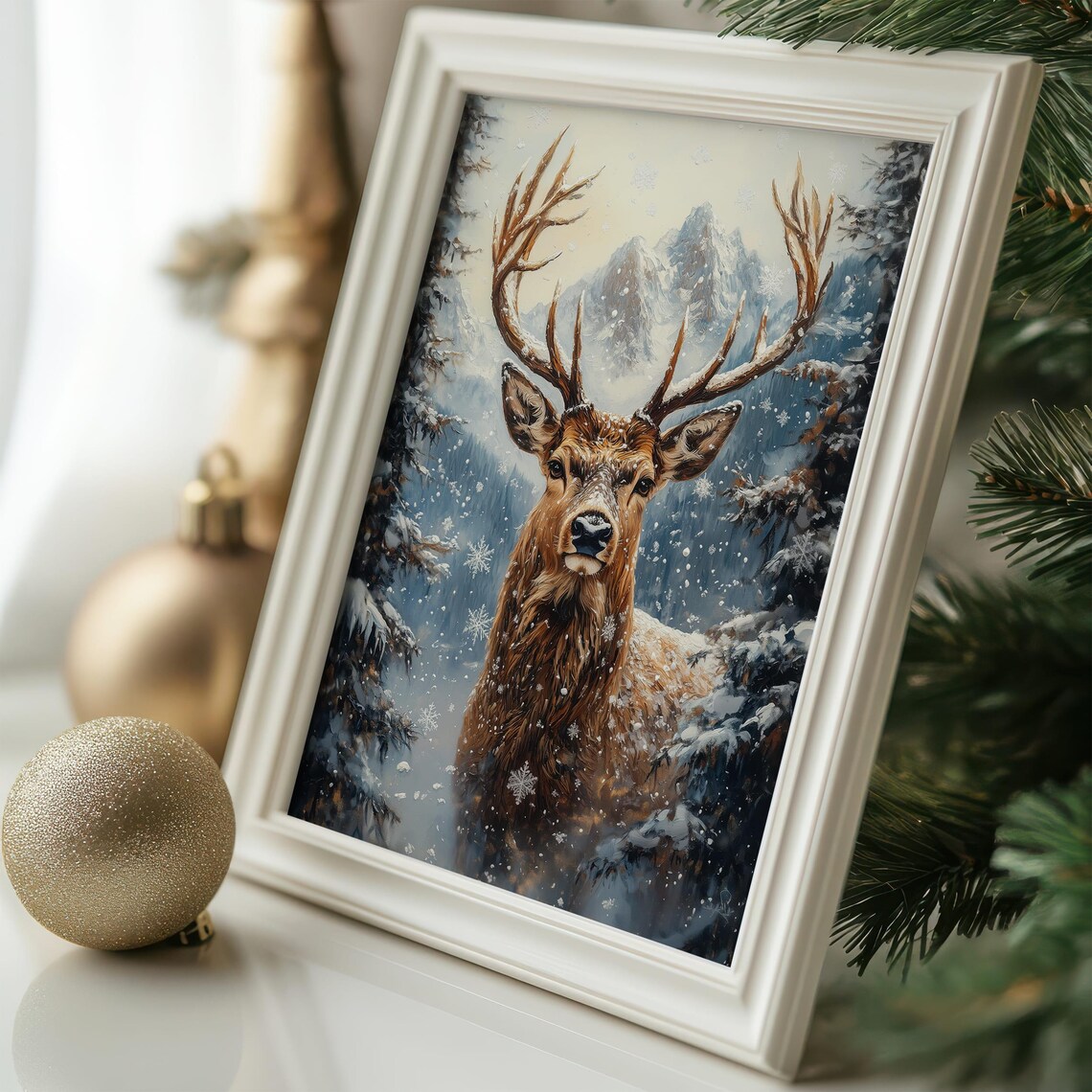 Majestic Stag In Snowy Forest Winter Wildlife Painting Poster - Image 3