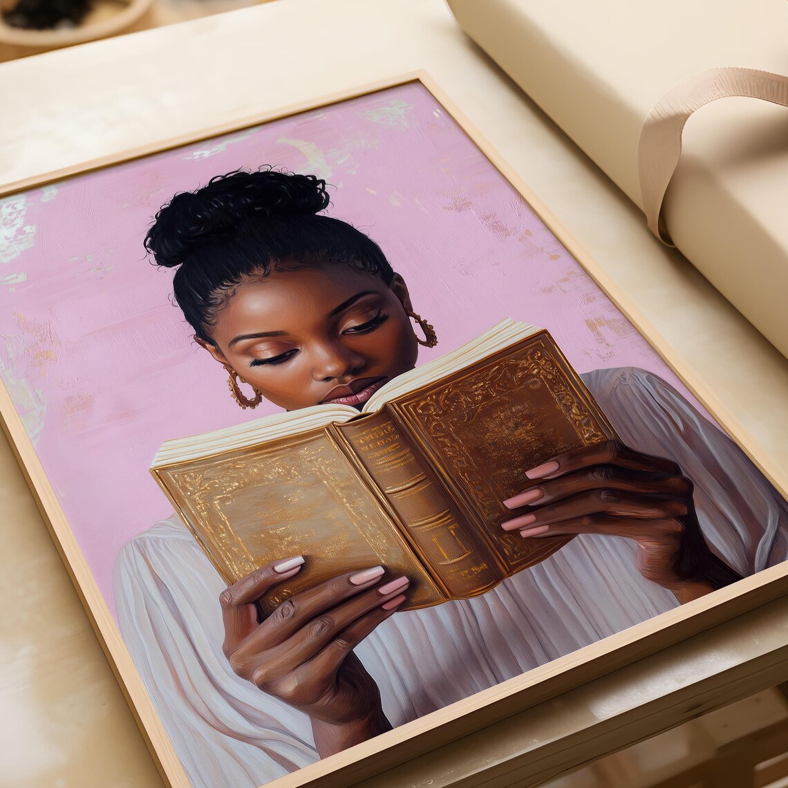 Black Woman Reading Gilded Book Pink Background Book Lover Poster - Image 6