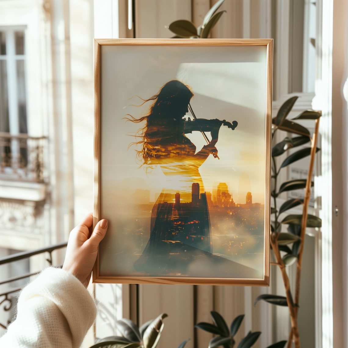 Violinist Silhouette Sunset Cityscape Double Exposure Art Poster - Image 5