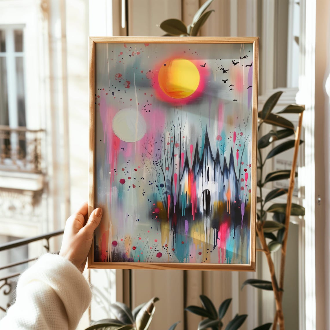 Colorful Gothic Castle Neon Drip Paint Haunted Sunset Wall Art - Image 7