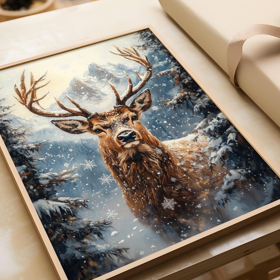 Majestic Stag In Snowy Forest Winter Wildlife Painting Poster - Image 4