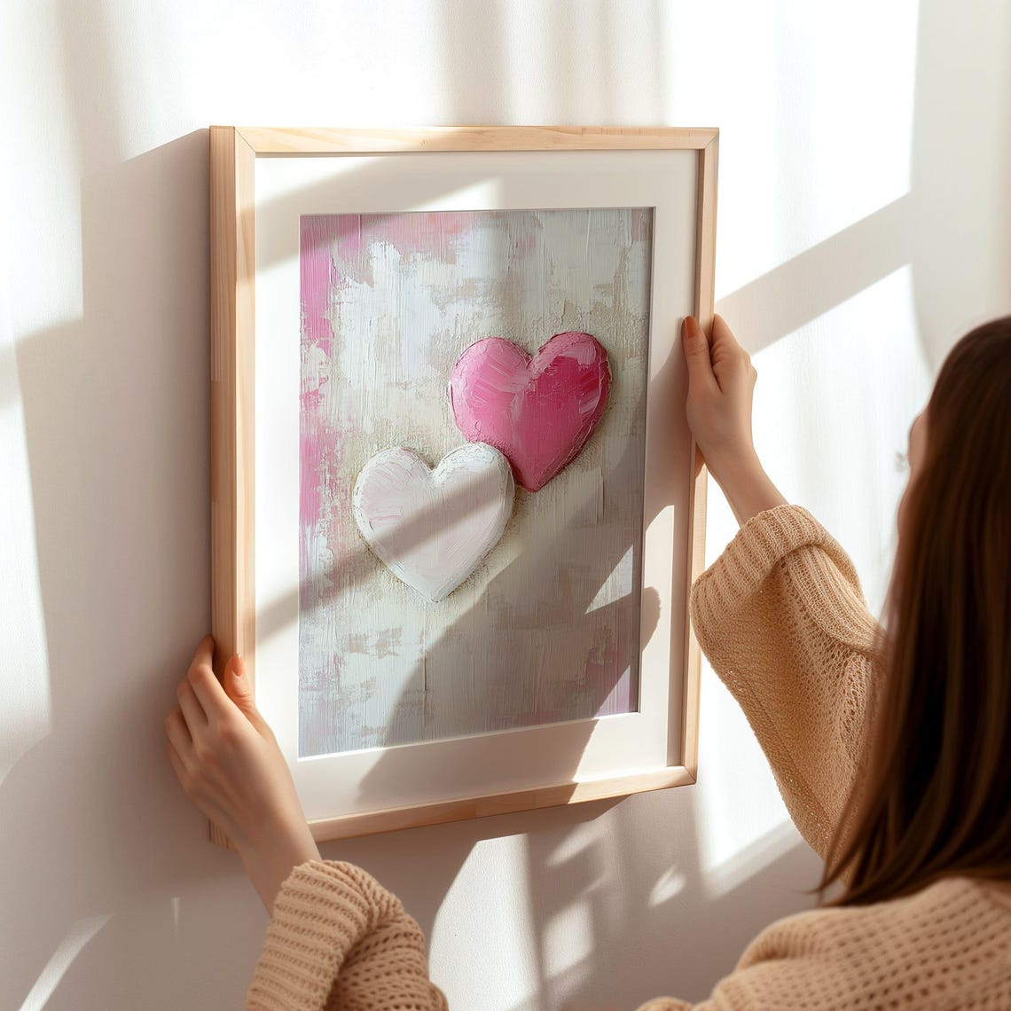 Two Textured 3D Hearts In Pink And White Abstract Love Poster - Image 2