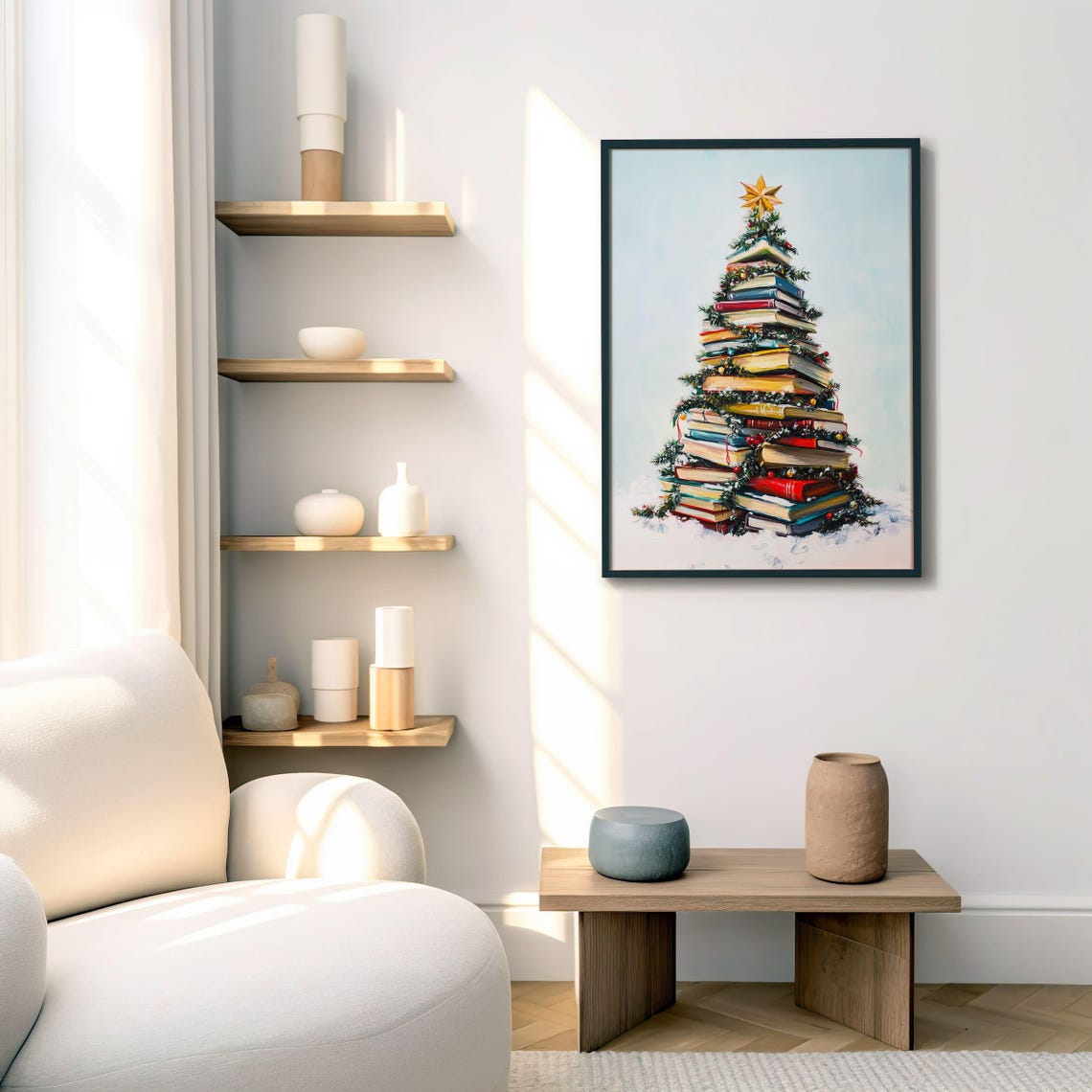 Christmas Tree Of Stacked Books Star Topper Holiday Art Poster - Image 3