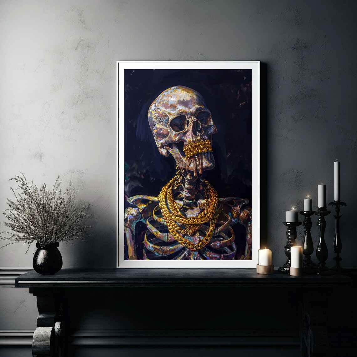 Colorful Painted Skeleton With Gold Chains Dark Fantasy Art Poster - Image 6
