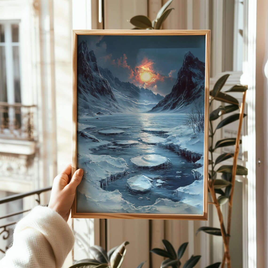 Frozen Mountain Lake at Sunset With Golden Sun Reflection Poster - Image 2