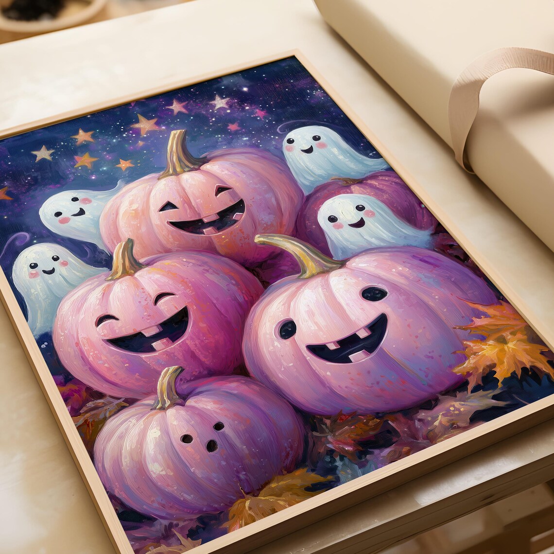Pink Pumpkins Happy Ghosts Starry Night Cute Halloween Season Poster - Image 5