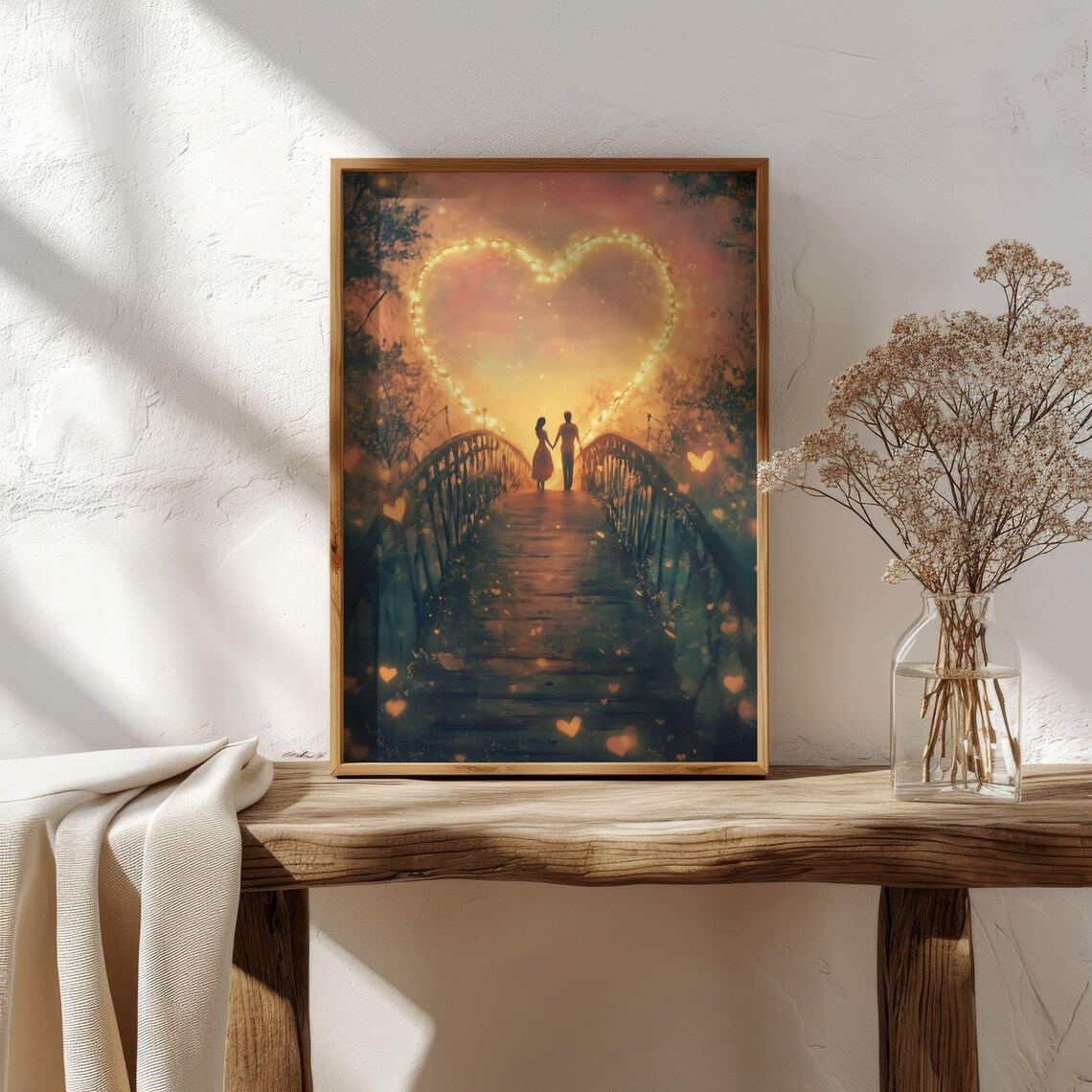 Romantic Couple On Bridge Beneath Heart Shaped Lights Art Poster - Image 2
