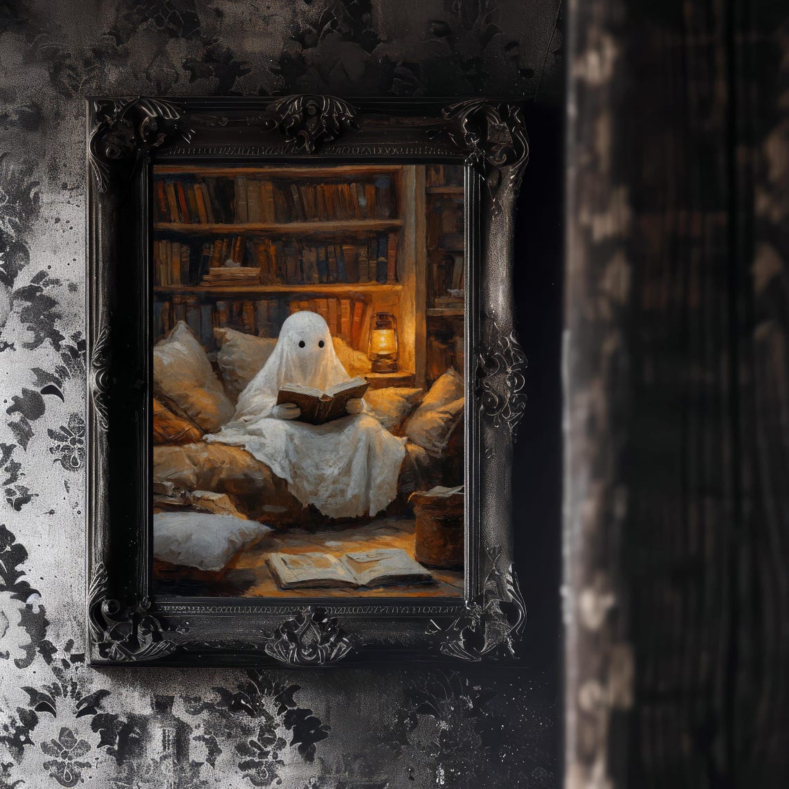 Cozy Ghost Reading Book in Spooky Library Halloween Art Poster - Image 7