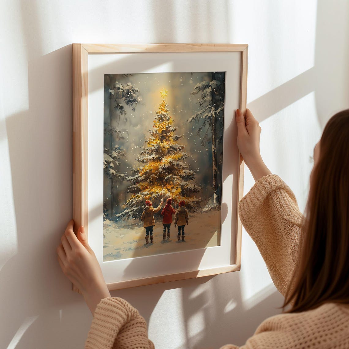Three Children Admiring Glowing Christmas Tree Snowy Forest Poster - Image 7