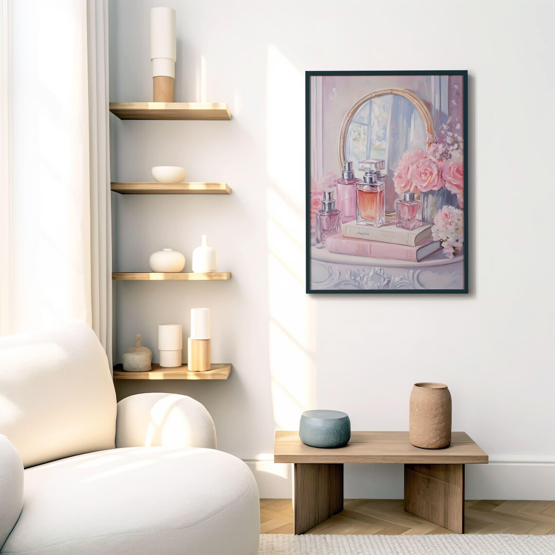 Pink Perfume Bottles and Books Shabby Chic Floral Art Poster - Image 2