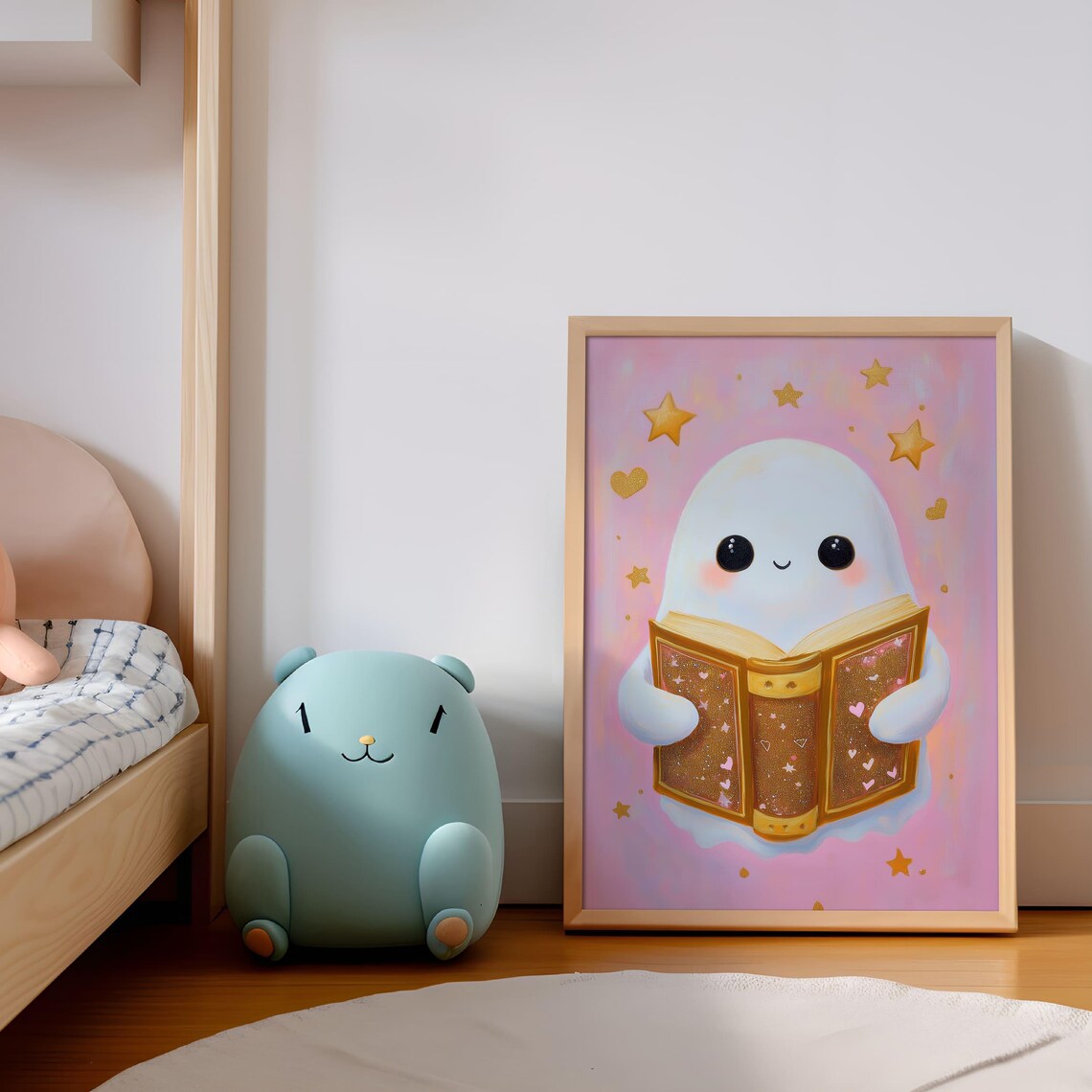 Cute Ghost Reading Golden Book Pink Halloween Bookish Poster - Image 3