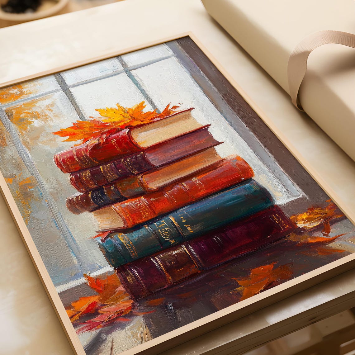 Vintage Book Stack By Window Autumn Maple Leaves Decor Art Poster - Image 4