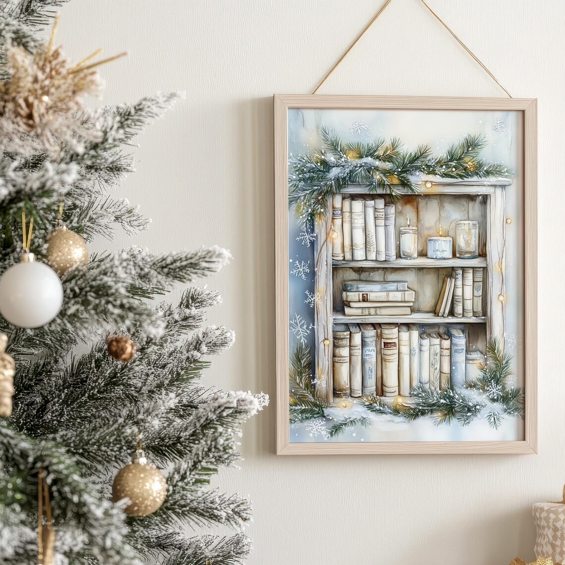 Christmas Bookshelf With Pine Garland Candles and Fairy Lights Poster - Image 7