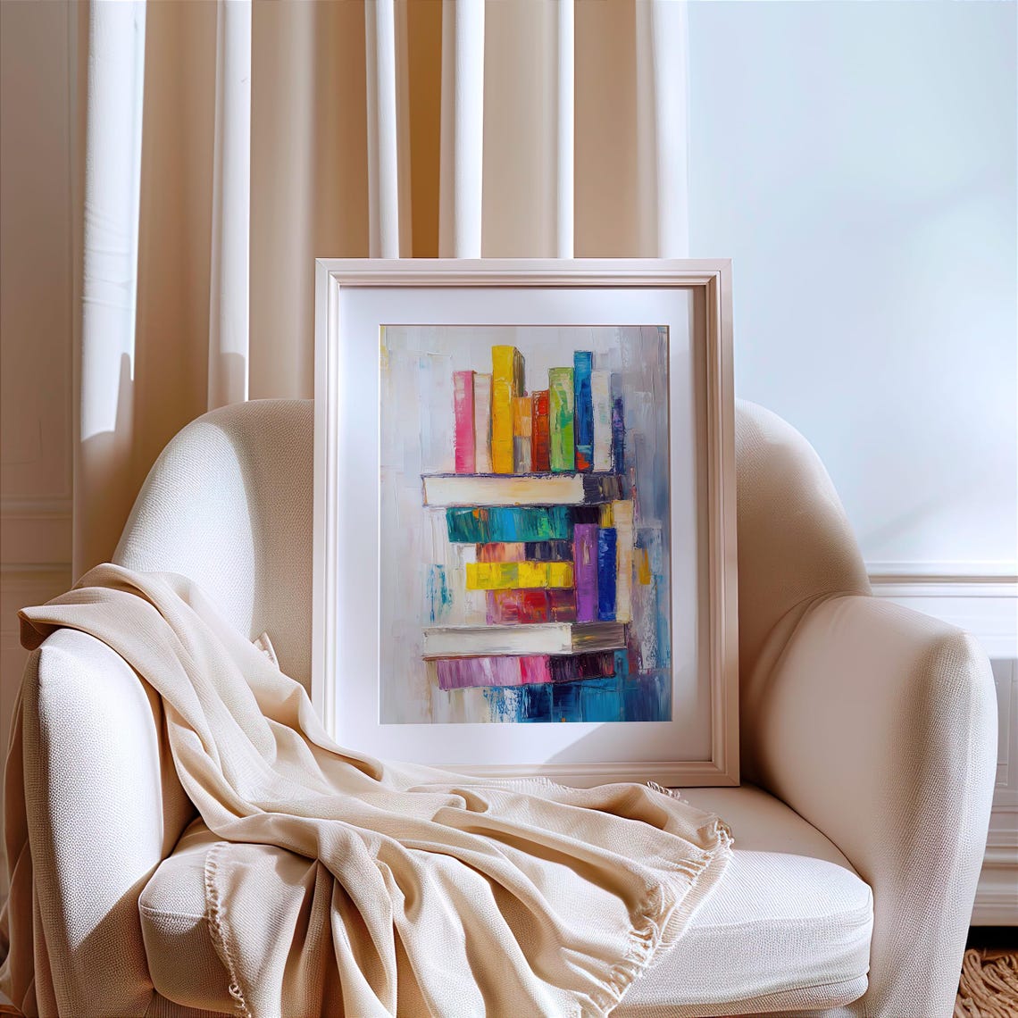 Rainbow Book Stack Abstract Oil Painting Bright Modern Art Poster - Image 2