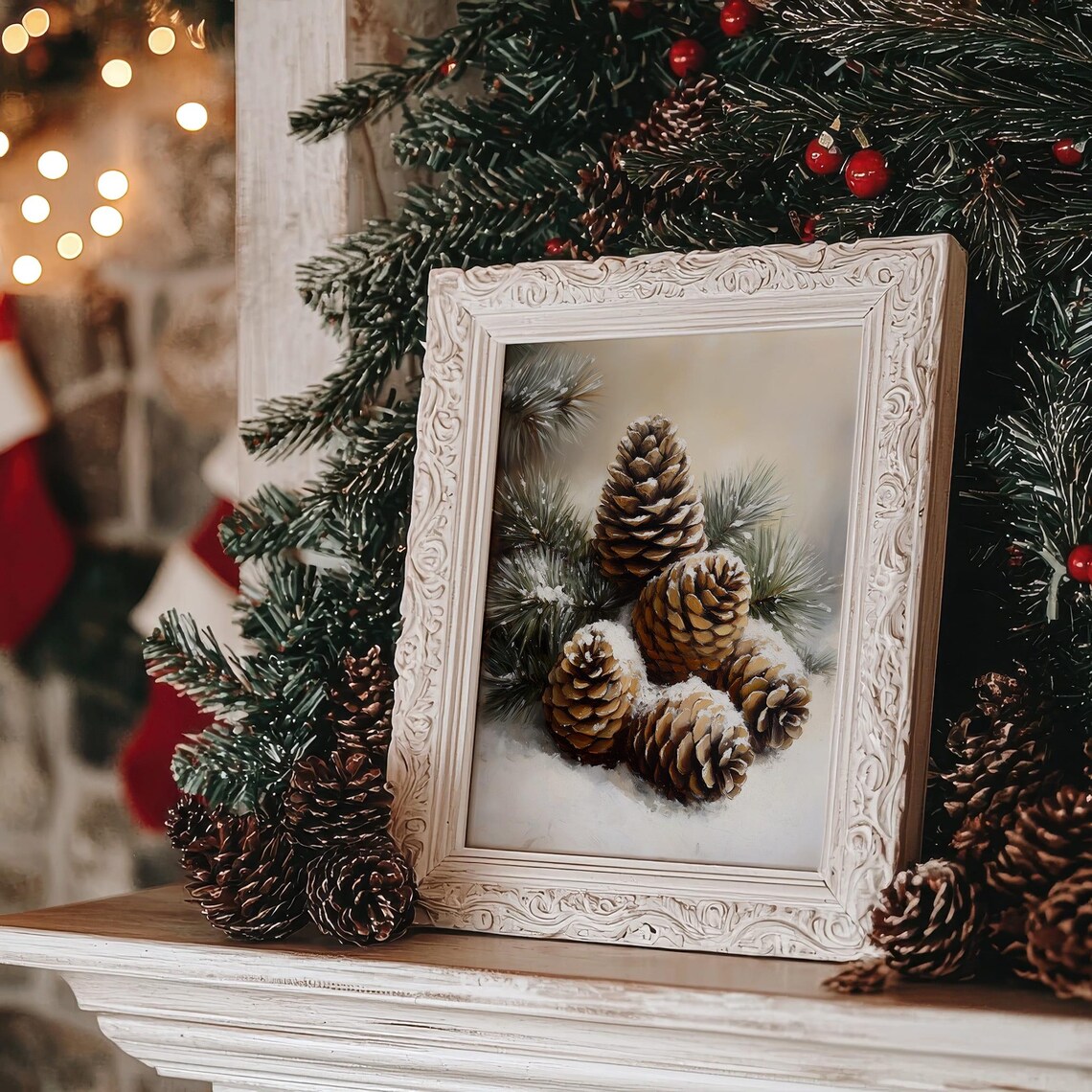 Snow Covered Pine Cones Winter Botanical Painting Gift Poster - Image 2