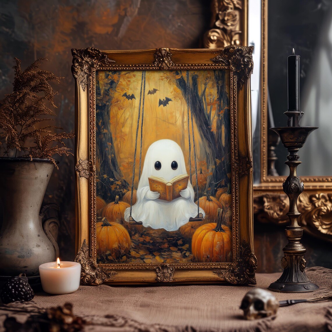 Cute Ghost Reading Art Print Halloween Book Lover Decor Spooky Autumn Wall Art Cozy Fall Art - Image 4