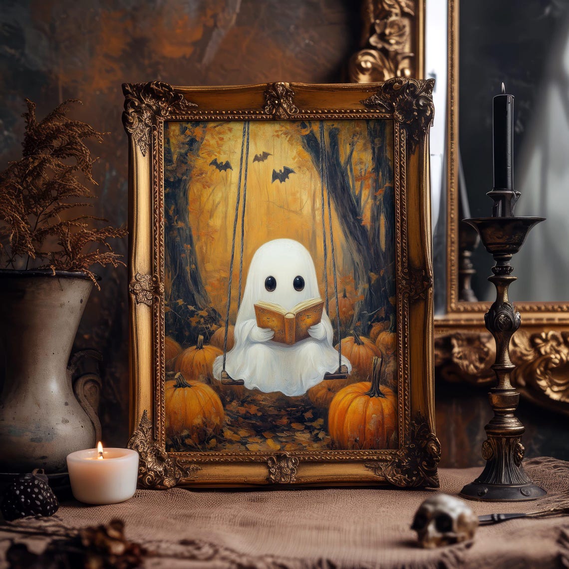 Cute Ghost Reading on Swing Autumn Forest Pumpkin Patch Poster - Image 4