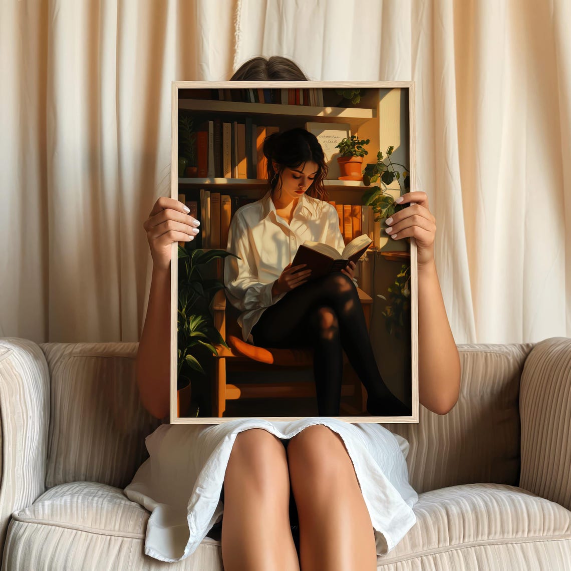 Woman Absorbed In A Book In Sunlit Home Library Corner Poster - Image 2