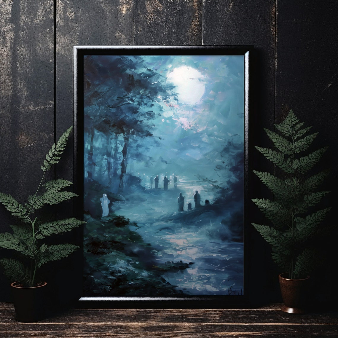 Moonlit Forest With Ghostly Figures Spooky Teal Gothic Art Poster - Image 3