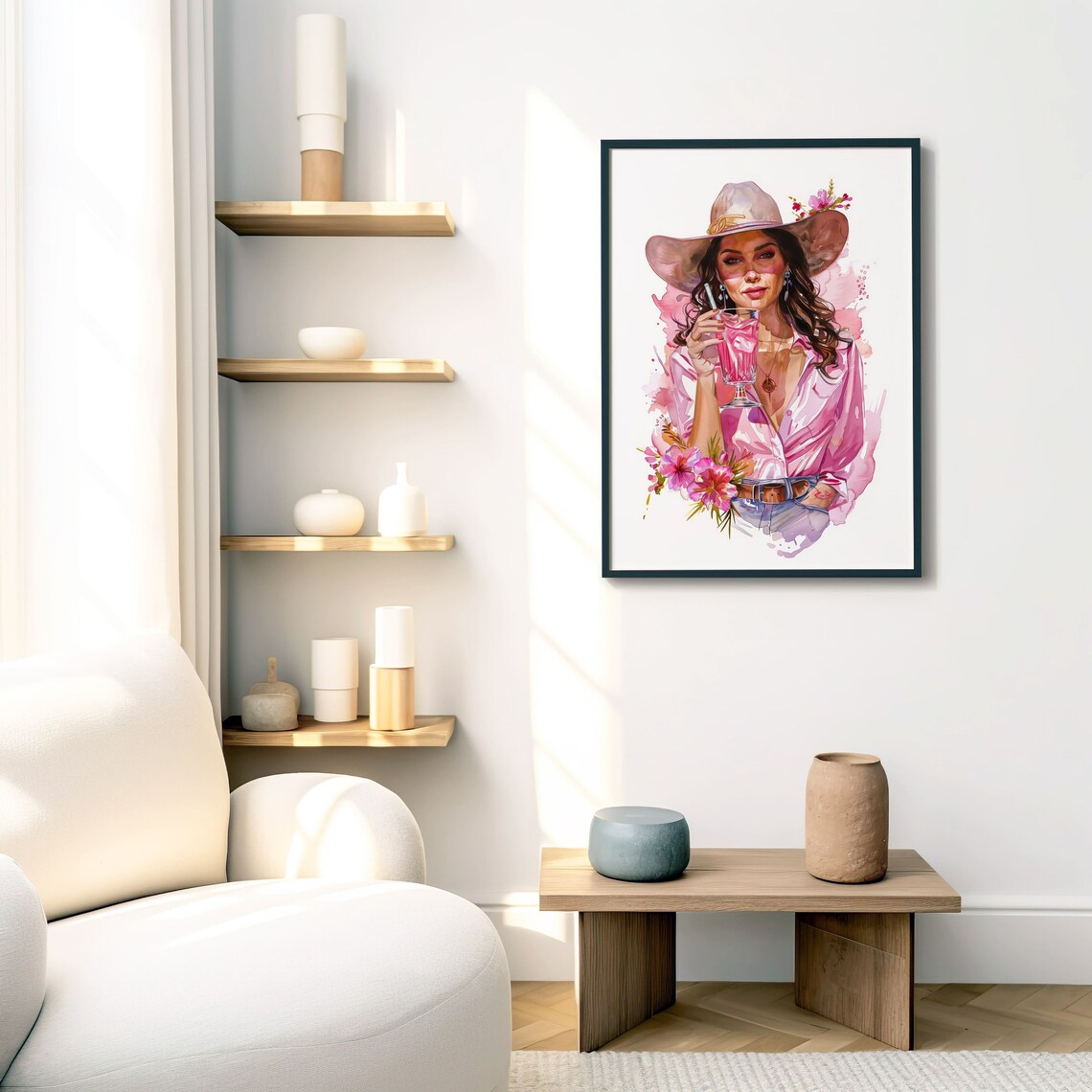 Pink Cowgirl Watercolor Cocktail Cowboy Hat Floral Art Print - Image 3