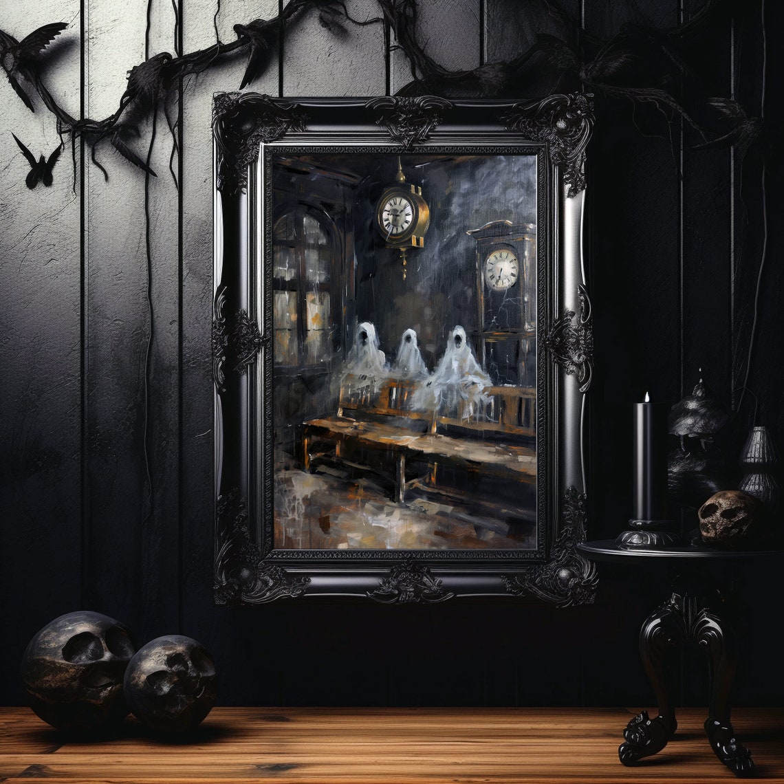 Three Ghosts in Old Waiting Room Clock Dark Gothic Art Poster - Image 7