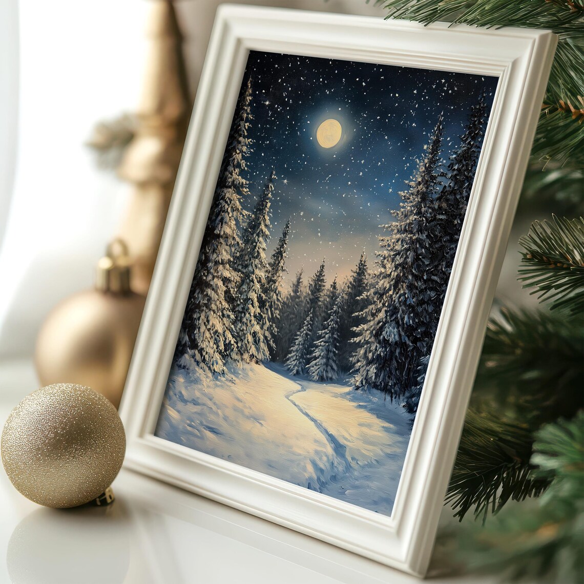 Winter Moon Forest Art Print, Snowy Night Scene - Image 3