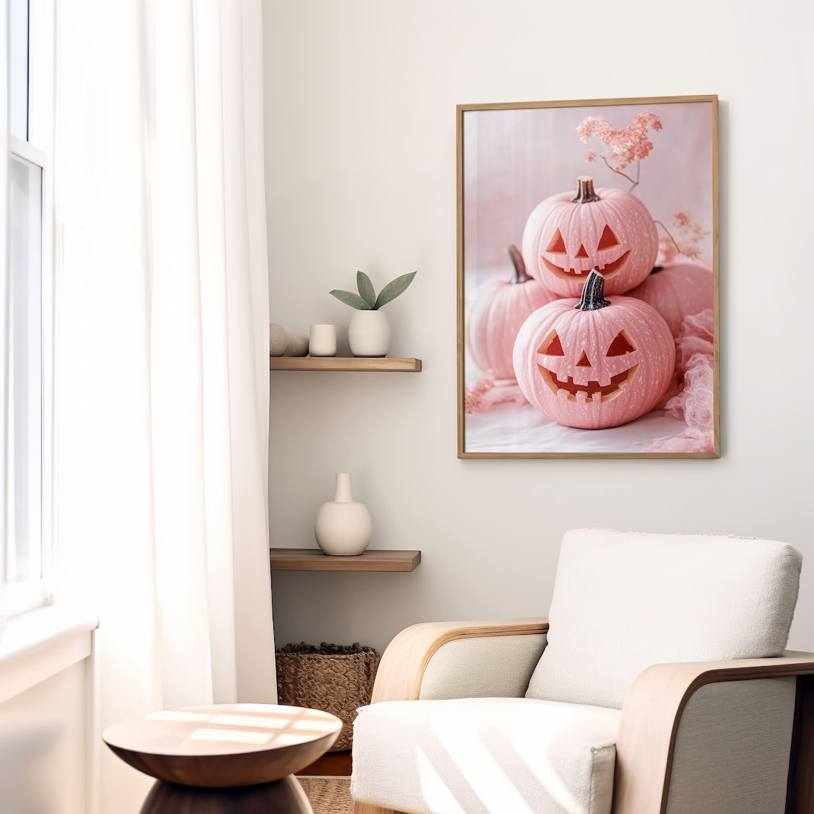 Pink Jack O Lantern Pumpkins with Blush Flowers Pastel Halloween Poster - Image 6