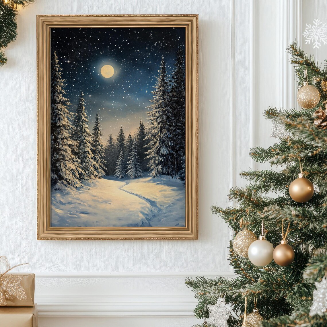 Winter Moon Forest Art Print, Snowy Night Scene - Image 2