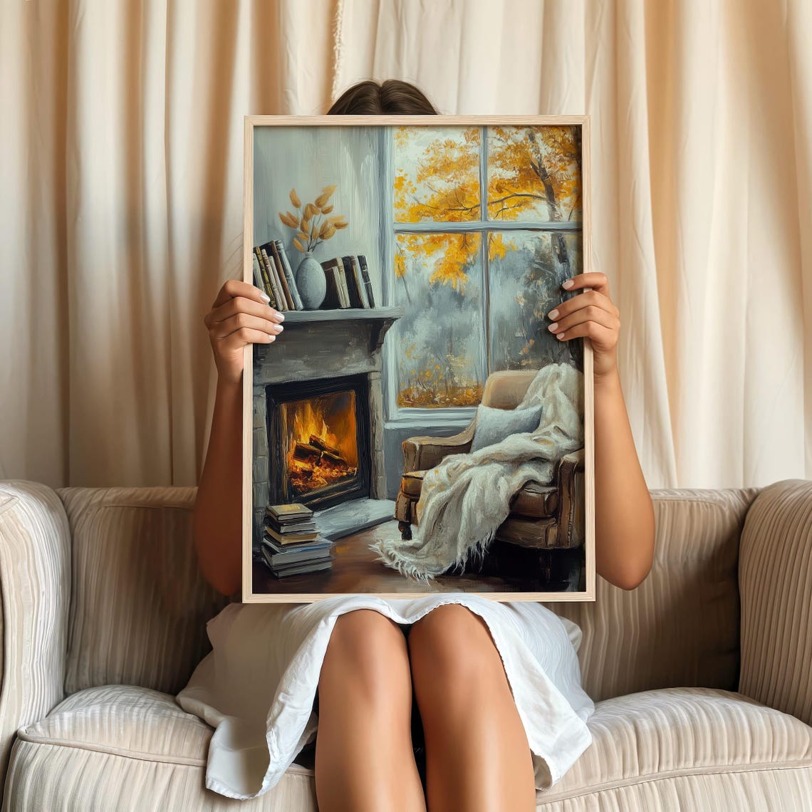 Cozy Fireplace Reading Corner With Autumn Window View Poster - Image 2