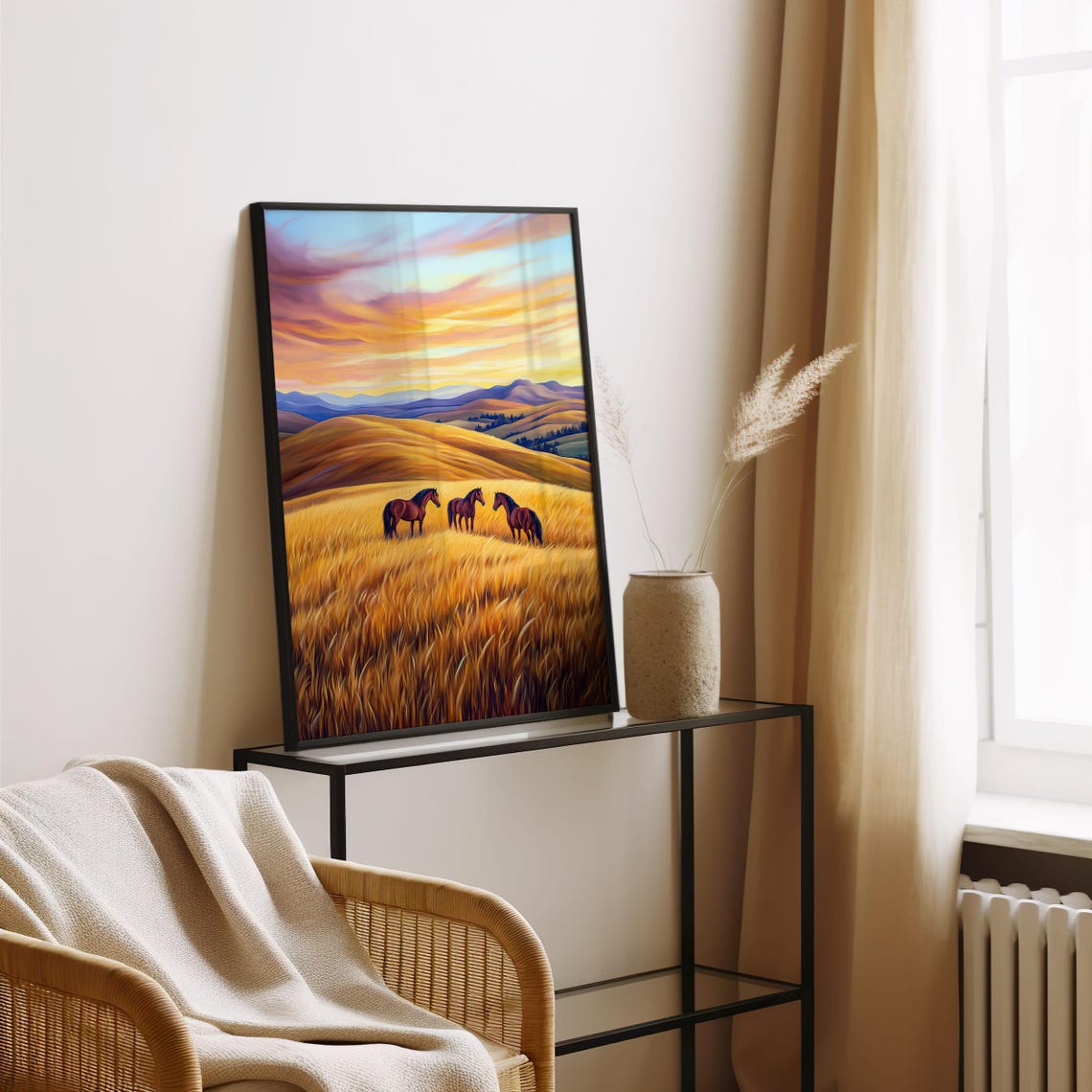 Three Wild Horses in Golden Sunset Prairie Wheat Field Poster - Image 3