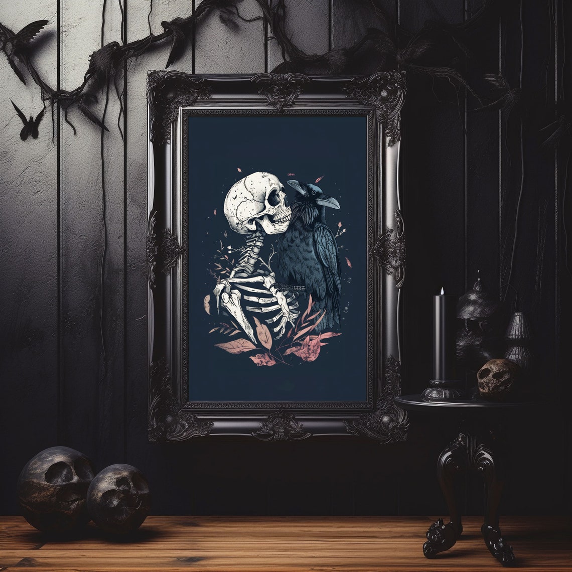 Gothic Skeleton Embracing A Raven Dark Fantasy Illustration Art Poster - Image 8