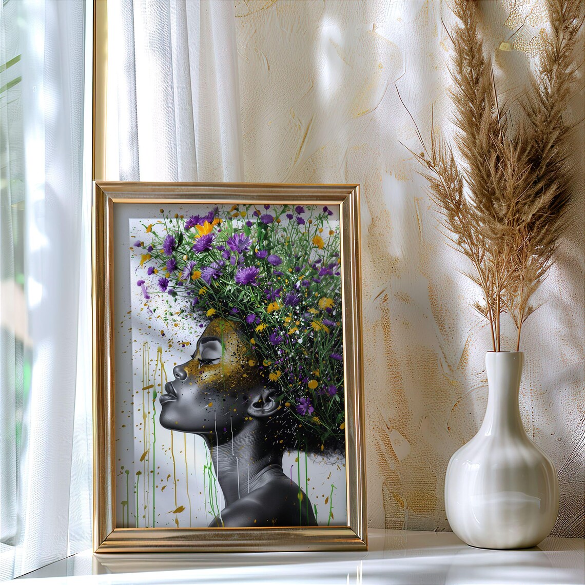 Black Woman Floral Afro Hair Portrait Afrocentric Art Poster - Image 4