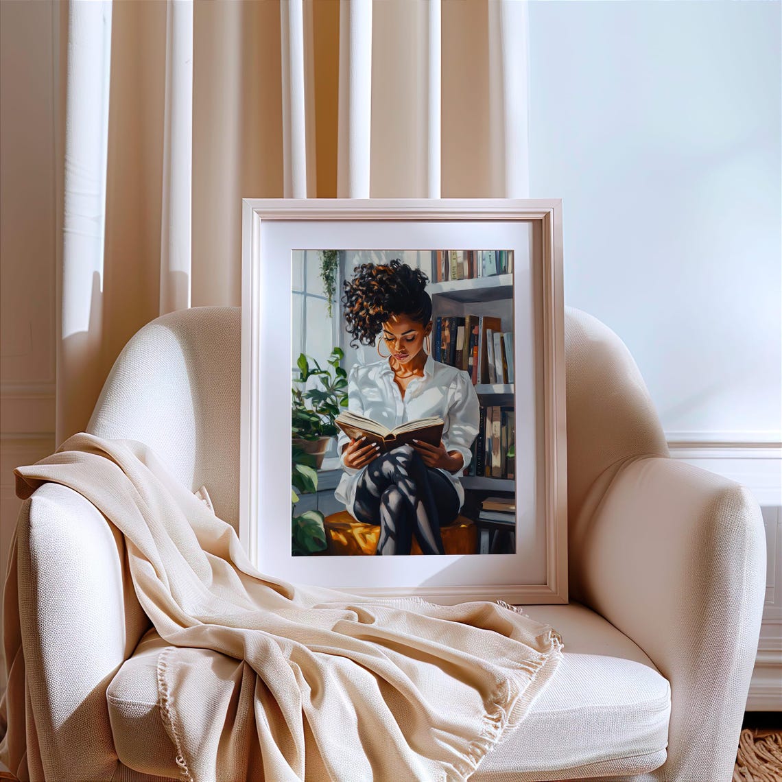 Black Woman With Curls Reading By Bright Window Bookshelf Poster - Image 6