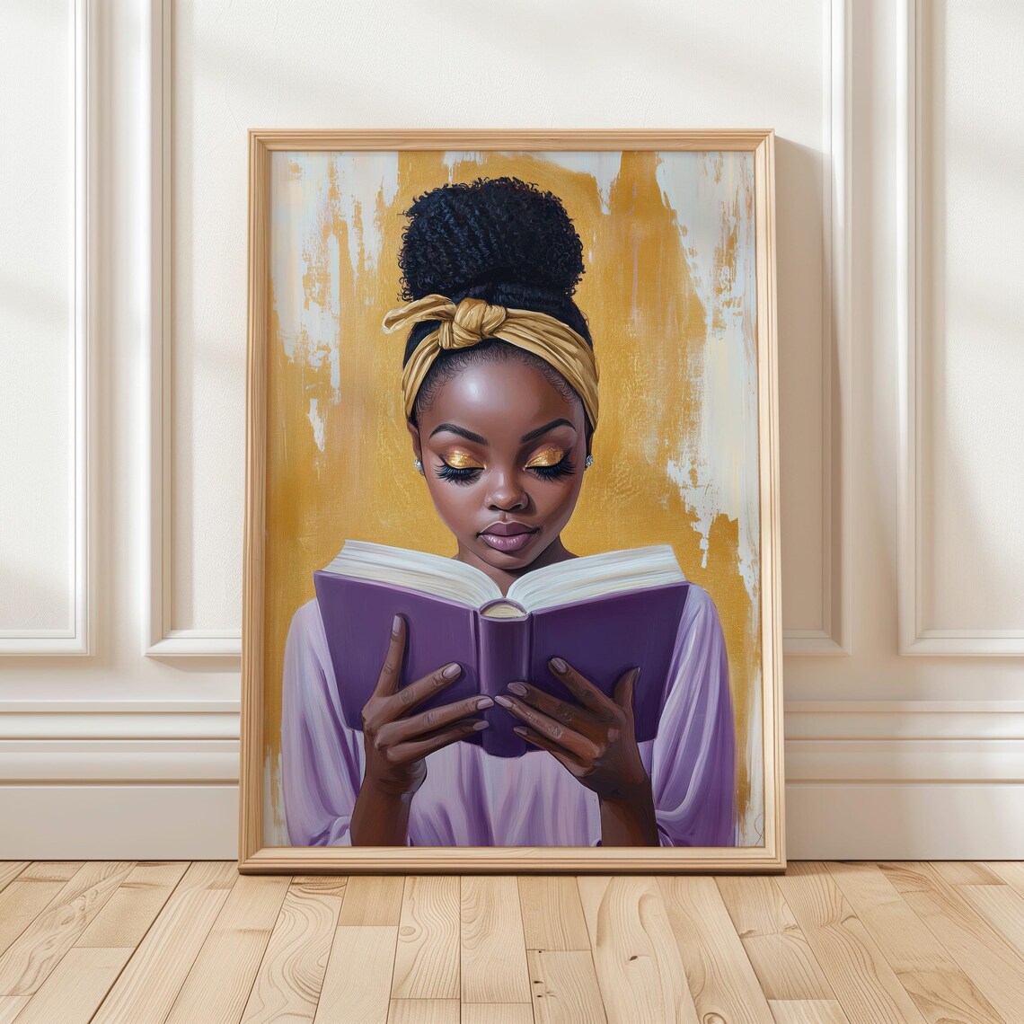 Black Woman Reading Purple Book Golden Background Art Poster