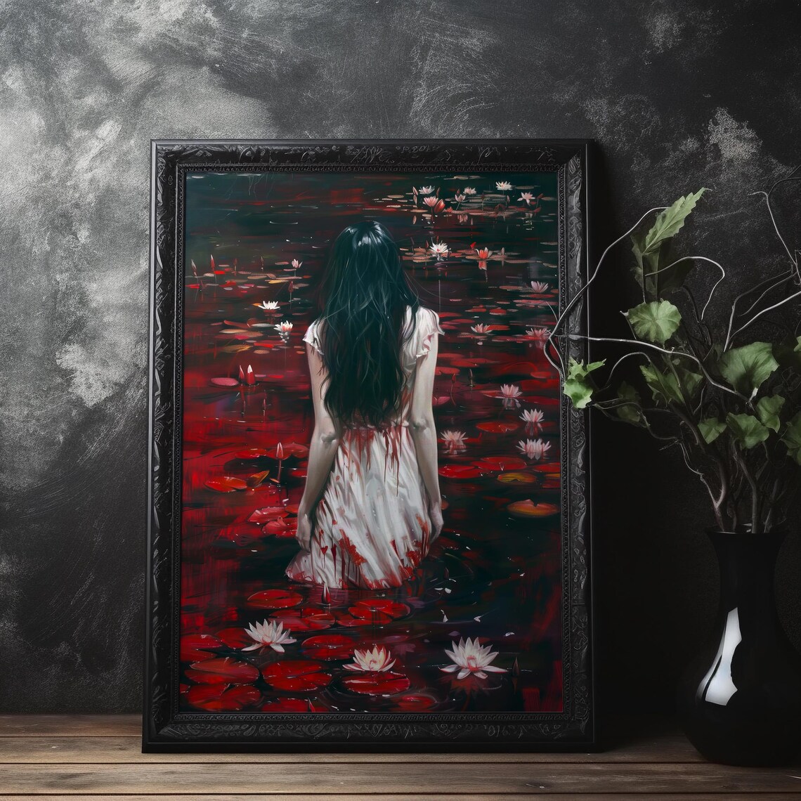 Haunting Woman in White Dress in Dark Red Water Lily Pond Gothic Poster - Image 3
