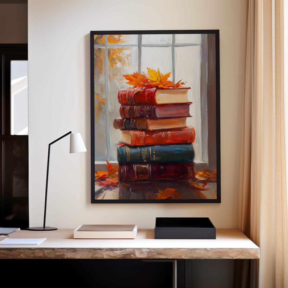 Vintage Book Stack By Window Autumn Maple Leaves Decor Art Poster - Image 5