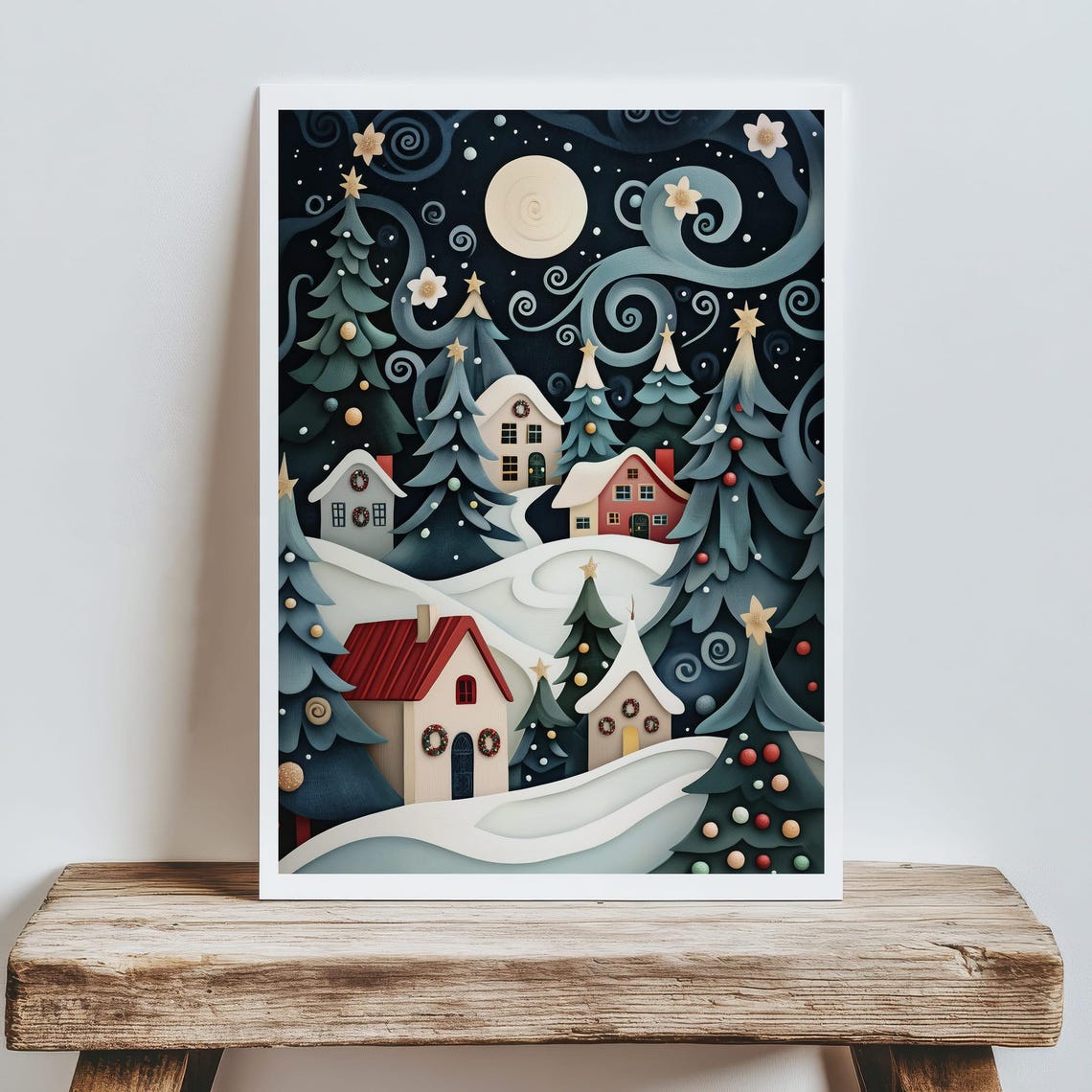 Whimsical Snowy Night Village Paper Cut Style Christmas Poster - Image 8