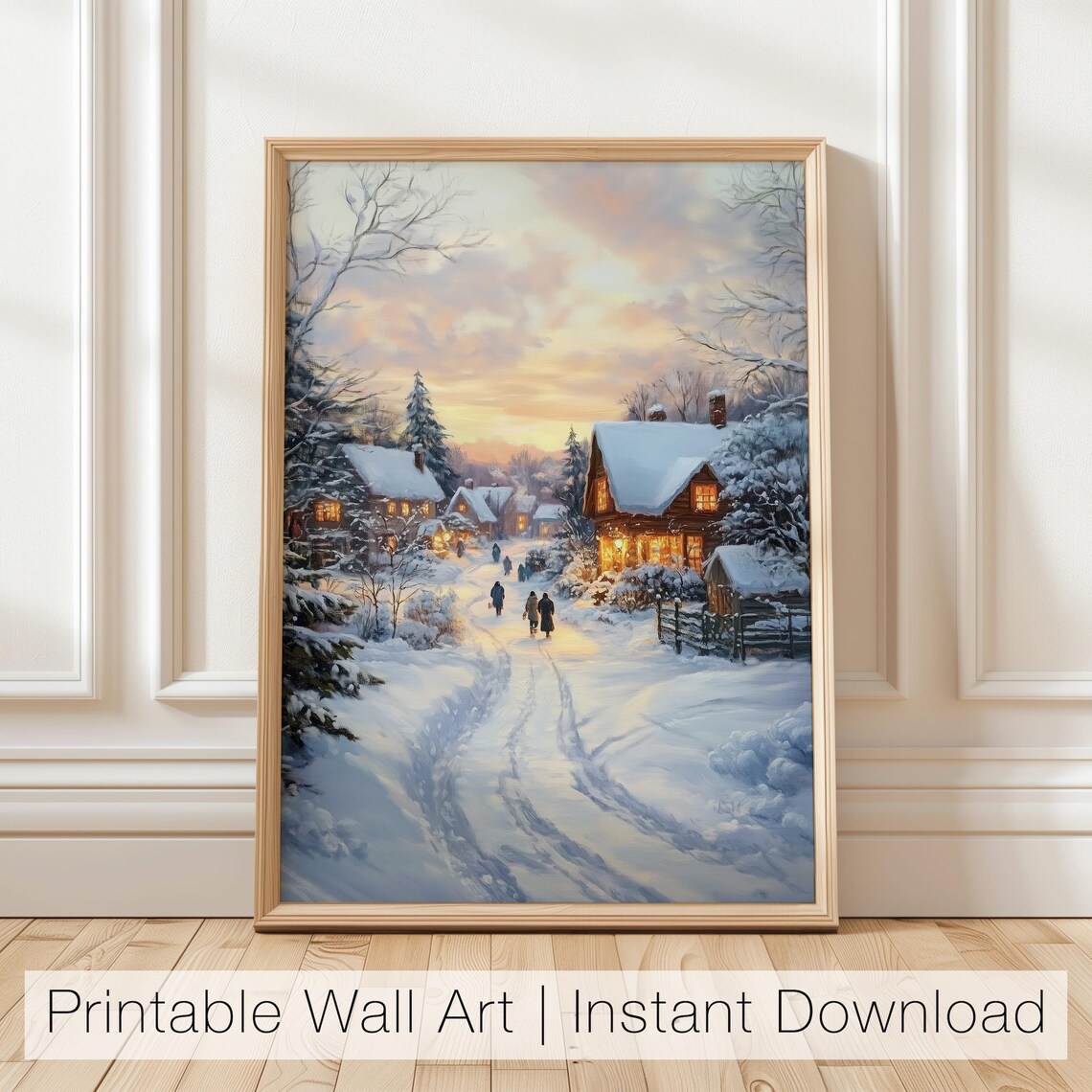 Cozy Snowy Village Street at Dusk With Glowing Cottages Poster