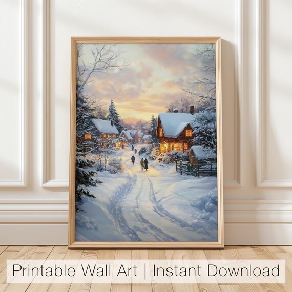 Cozy Snowy Village Street at Dusk With Glowing Cottages Poster