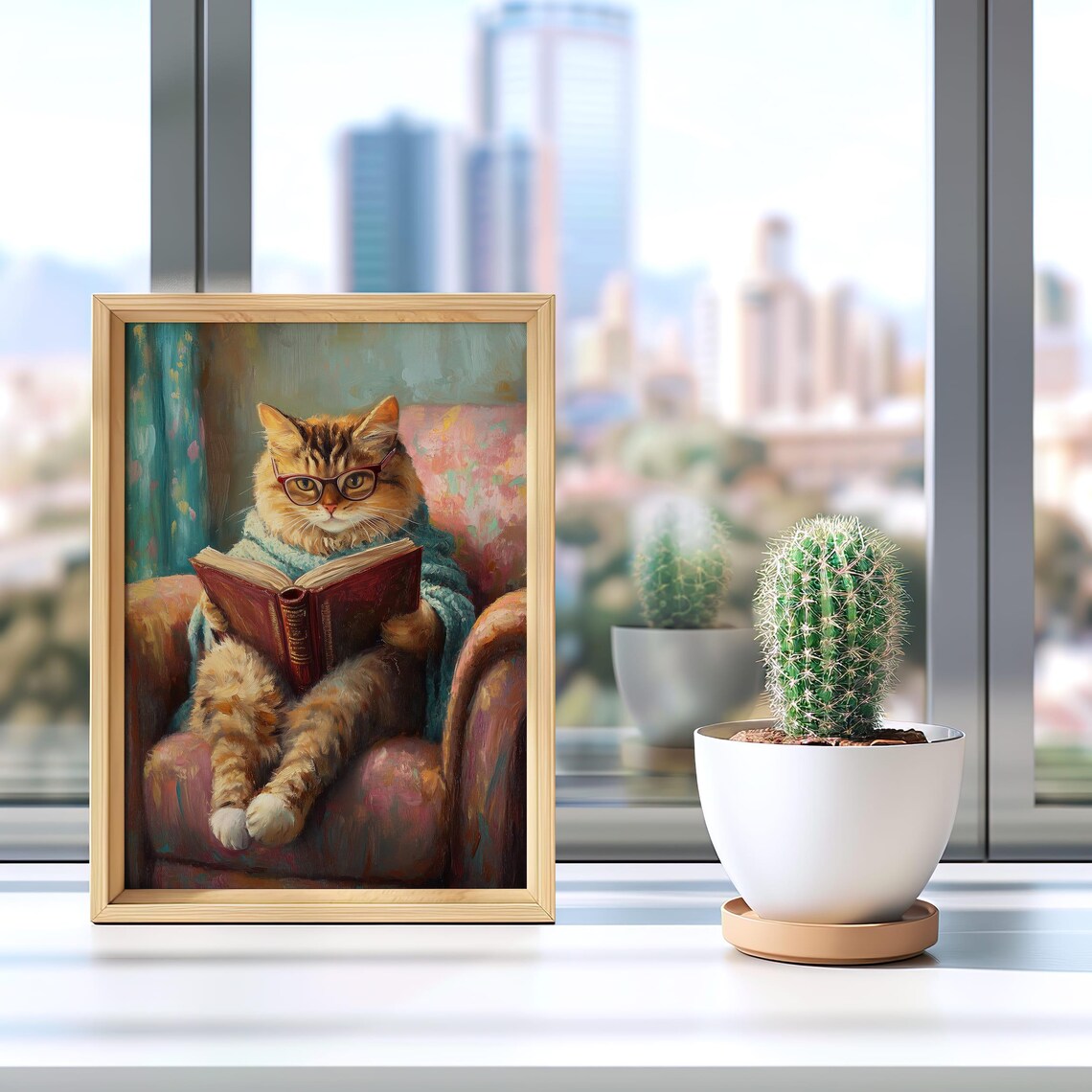 Whimsical Cat Reading Art Print Book Lover Cozy Decor Cute Cat Wall Art Library Home Decor - Image 4