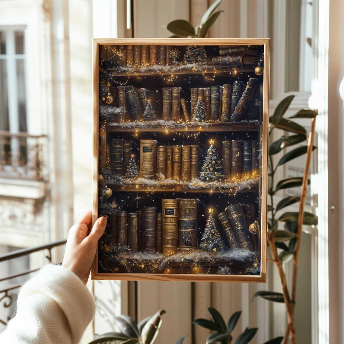 Christmas Bookshelf Art Print, Holiday Reading Nook - Image 3