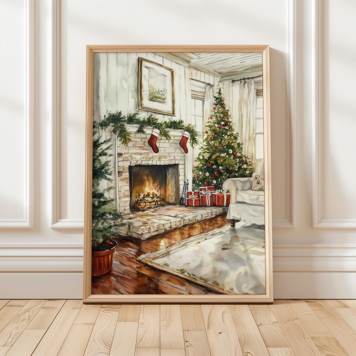 Watercolor Christmas Fireplace With Stockings Holiday Poster