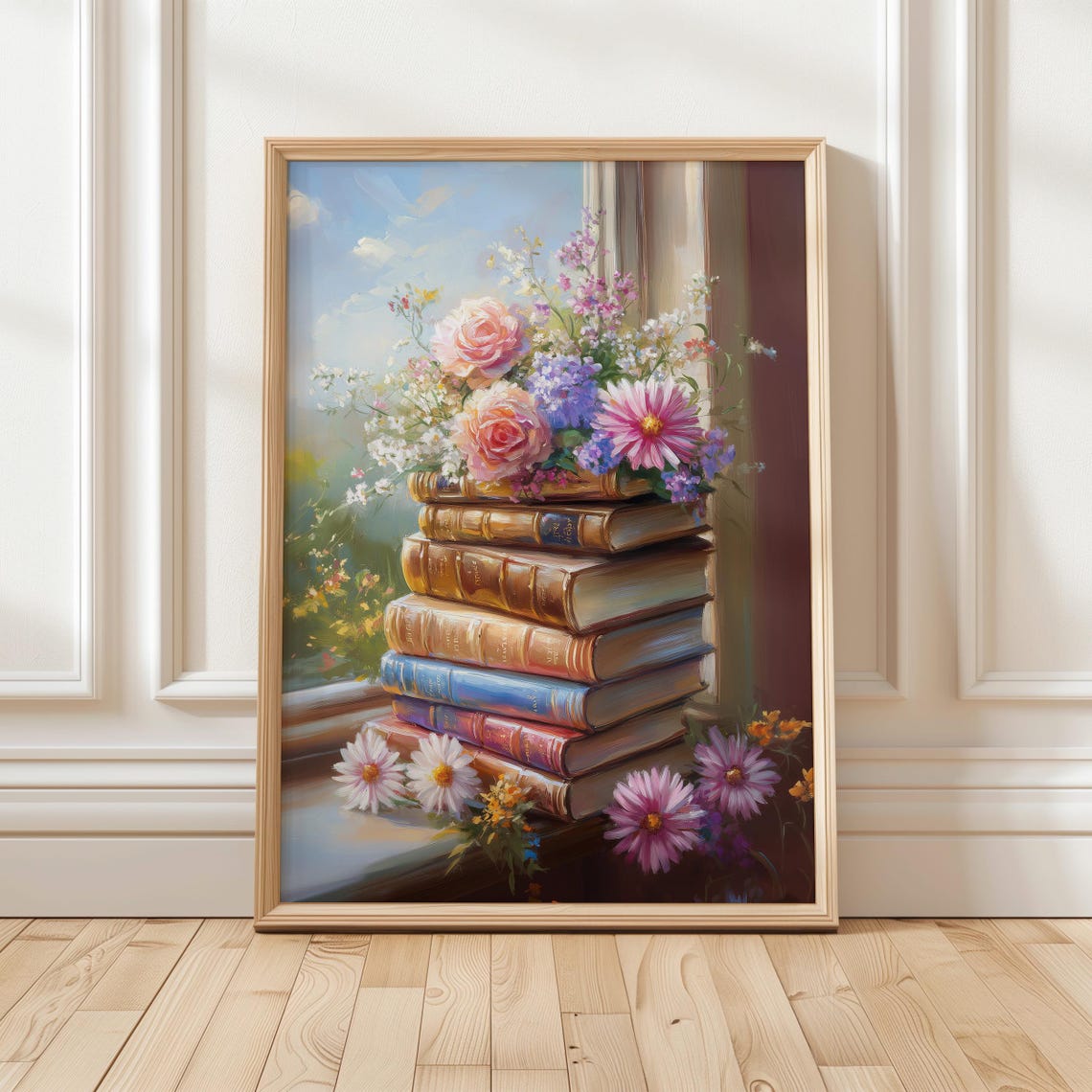 Vintage Floral Book Stack by Sunny Window Still Life Art Poster