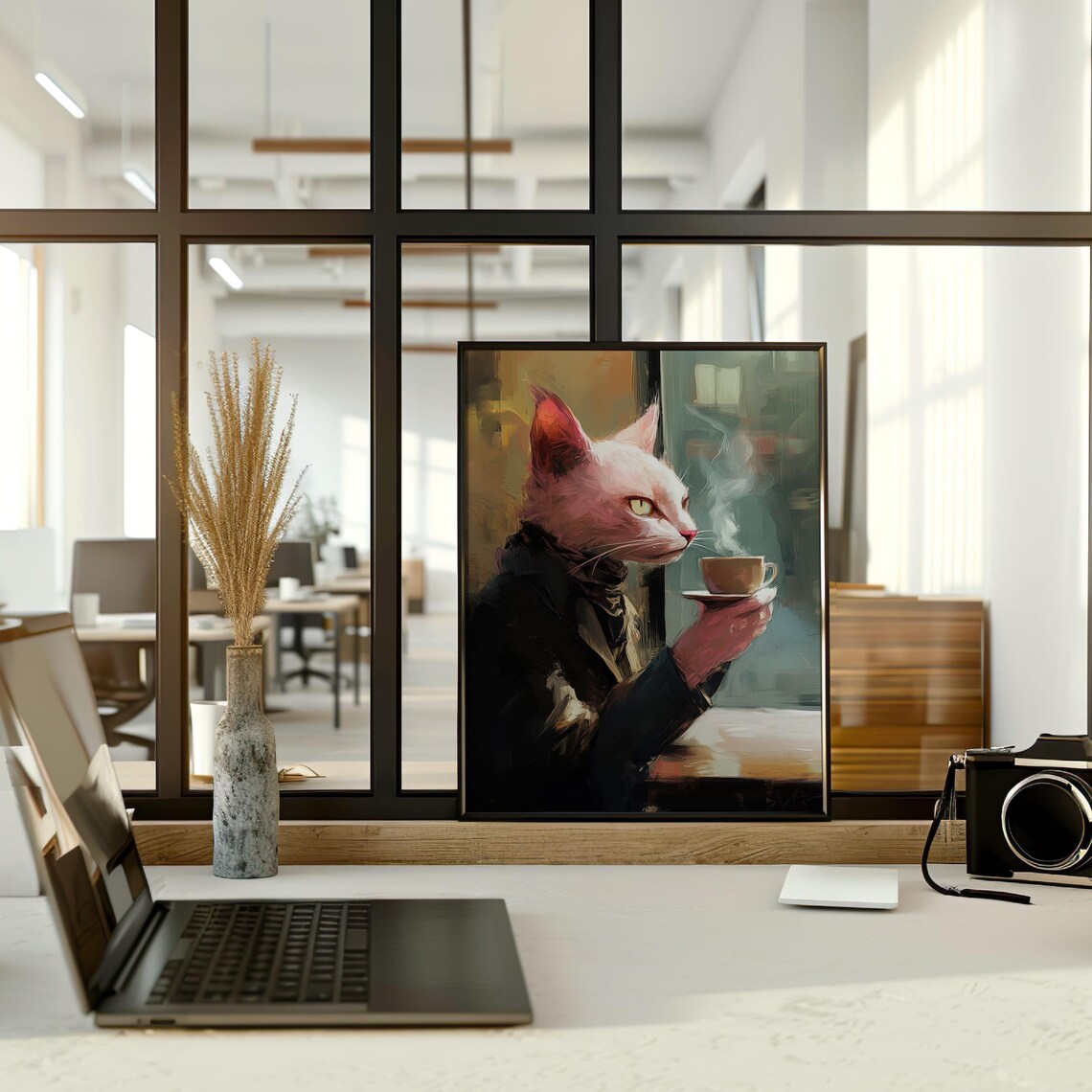 Pink Cat in Suit Drinking Coffee Funny Cafe Animal Wall Poster - Image 3