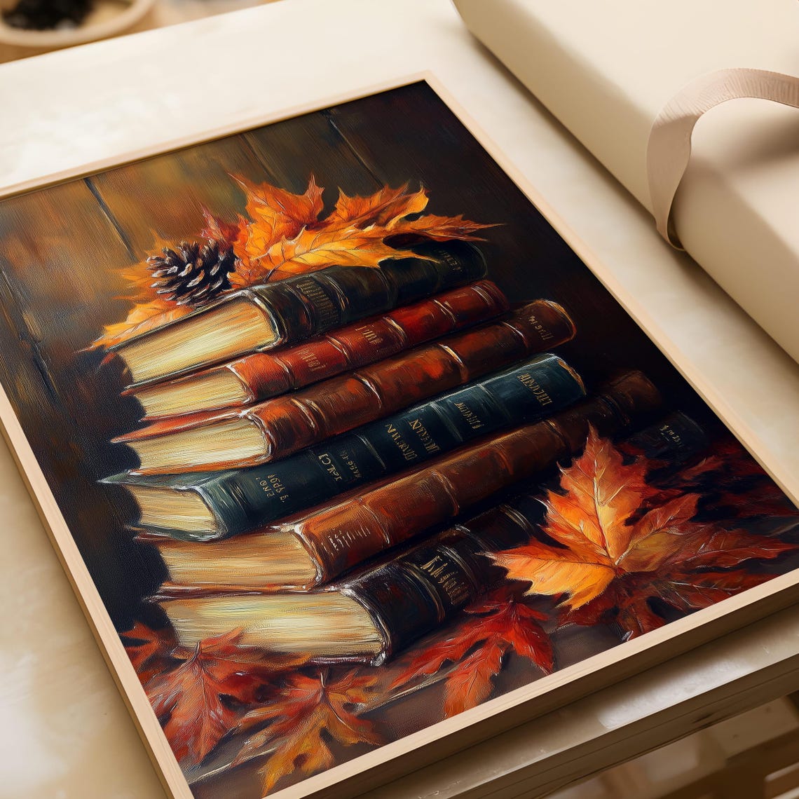Vintage Autumn Book Stack Painting Fall Leaves Cozy Art Poster - Image 6